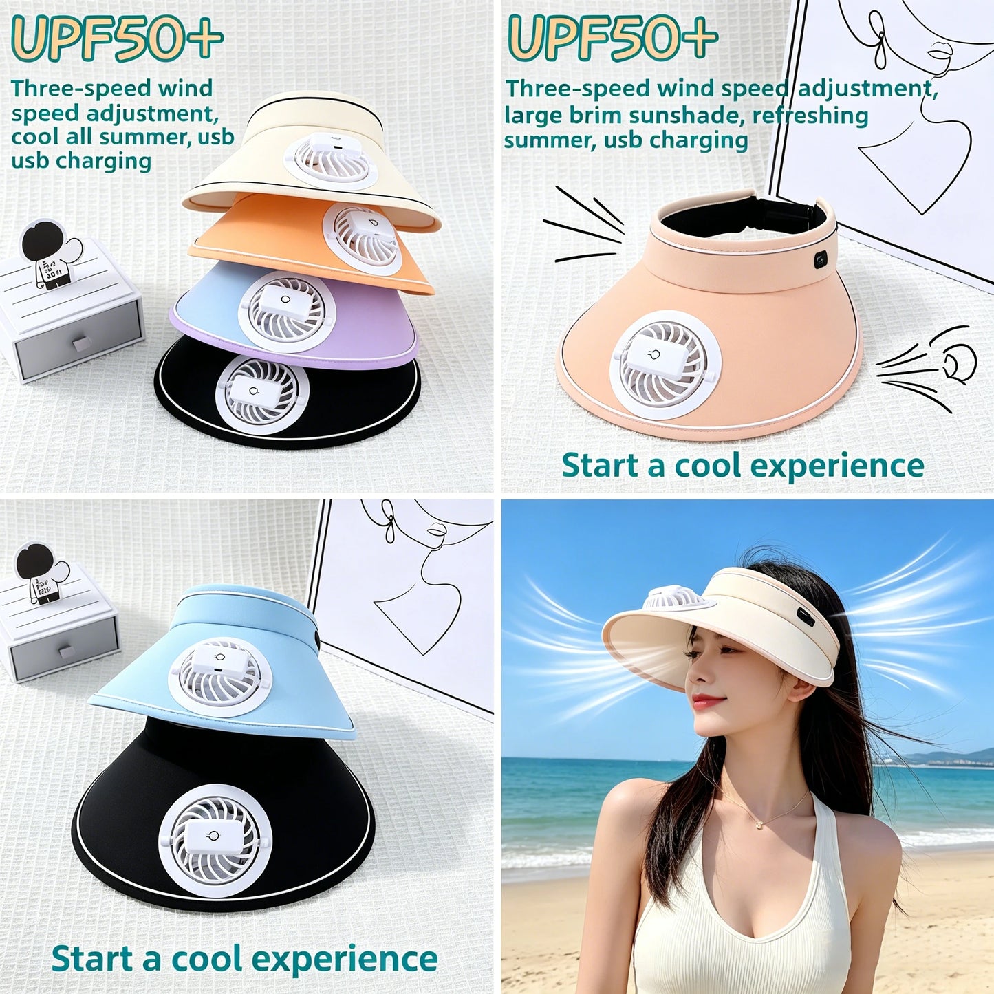 Summer Large Brim USB Charging Fan Sun Visor for Men and Women